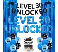 Sursurprise Level 30 Unlocked Birthday Decorations, Level 30 Unlocked Balloon Banner Cake Topper Foil Fringe for Gamer 30th Birthday Party Decorations, Blue Black Video Game Party Supplies