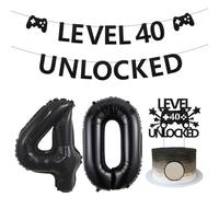 Sursurprise Level 40 Unlocked Birthday Decorations, Level 40 Unlocked Banner Cake Topper Number 40 Balloons for Gamer 40th Birthday Party Decorations, Video Game Bday Party Supplies