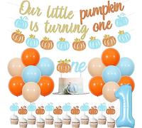 Sursurprise Little Pumpkin 1st Birthday Decorations for Boy, Blue Pumpkin First Birthday Decorations, Our Little Pumpkin Is Turning One Banner Cake Topper Balloons, Fall Autumn Party Supplies