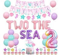 Sursurprise Mermaid 2nd Birthday Decorations, Two The Sea Balloon Banner Cake Topper Under The Sea Cupcake Toppers for Girls Ocean Themed 2 Years Old Bady Party Supplies