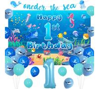 Sursurprise Ocean Theme 1st Birthday Decorations for Boy, Under the Sea Banner Backdrop, Number 1 Balloon, Marine Animal Oneder the Sea 1 Year Old Birthday Party Supplies
