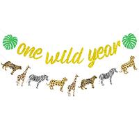 Sursurprise One Wild Year Banner Gold Glitter Animal Print Cheetah Garland, Jungle Safari Theme Wild One First Birthday Party Decoration Supplies for Kids