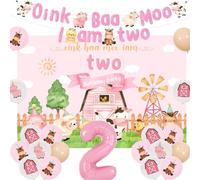 Sursurprise Pink Farm Animals 2nd Birthday Decorations for Girl, Oink Baa Moo I am Two Banner Backdrop, Number 2 Balloon, Farm Yard Party Supplies
