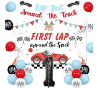 Sursurprise Race Car 1st Birthday Decorations, Red Blue First Trip Around the Track Banner Backdrop, Racing Car Number 1 Balloon, Fast One First Birthday Party Supplies for Boy