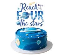 Sursurprise Reach Four The Stars Cake Topper, Outer Space 4th Birthday Cake Decor, Astronaut 4 Years Old Birthday Decorations, Planets Rocket Galaxy Universe Solar System Party Supplies