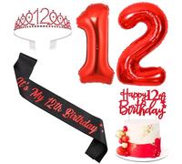 Sursurprise Red and Black 12th Birthday decorations for Boys Girls, 12th Birthday Sash and Tiara, Cake Topper, Balloon, 12 Year Old Bday Party Supplies