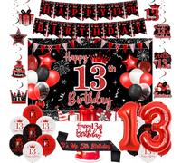 Sursurprise Red and Black 13th Birthday decorations for Boy Girls, Happy 13th Birthday Backdrop Banner, Cake Topper, Hanging Swirls, Sash, Number 13 Balloons, 13 Year Old Birthday Party Supplies