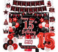 Sursurprise Red and Black 15th Birthday Decorations for Boy Girls, Happy 15th Birthday Backdrop Banner, Cake Topper, Hanging Swirls, Sash, Number 15 Balloons, 15 Year Old Bday Party Supplies