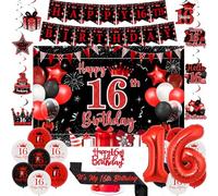 Sursurprise Red and Black 16th Birthday Decorations for Boy Girls, Happy 16th Birthday Backdrop Banner, Cake Topper, Hanging Swirls, Sash, Number 16 Balloons, 16 Year Old Bday Party Supplies