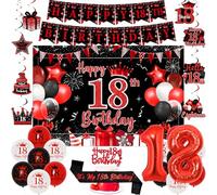 Sursurprise Red and Black 18th Birthday Decorations for Boy Girls, Happy 18th Birthday Backdrop Banner, Cake Topper, Hanging Swirls, Sash, Number 18 Balloons, 18 Year Old Bday Party Supplies