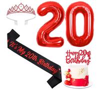 Sursurprise Red and Black 20th Birthday Decorations for Boys Girls, 20th Birthday Sash and Tiara, Cake Topper, Balloon, 20 Year Old Bday Party Supplies