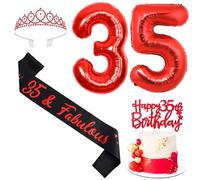 Sursurprise Red and Black 35th Birthday Decorations for Men Women, 35th Birthday Sash and Tiara, Cake Topper, Balloon, 35 Year Old Bday Party Supplies