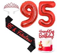 Sursurprise Red and Black 95th Birthday Decorations for Men Women, 95th Birthday Sash and Tiara, Cake Topper, Balloon, 95 Year Old Bday Party Supplies