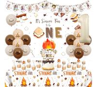 Sursurprise S’more 1st Birthday Decorations, It’s S’more Fun To Be One Backdrop Balloons Cake Topper Cupcake Toppers Photo Banner Tablecloth for First Birthday Decor, Camping Party Supplies
