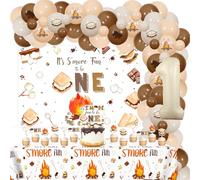 Sursurprise S’more 1st Birthday Decorations, It’s S’more Fun To Be One Balloon Garland Arch Kit with Backdrop Cake Topper Cupcake Toppers Tablecloth for First Birthday Decor, Camping Party Supplies