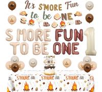 Sursurprise S’more 1st Birthday Decorations, It’s S’more Fun To Be One Banner Balloons Cake Topper Tablecloth for First Birthday Decor, Camping Party Supplies