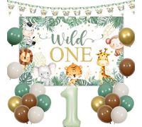 Sursurprise Safari 1st Birthday Decorations for Boy Girl, Sage Green Brown Wild One Backdrop Triangle Flags Banner, Jungle 1st Balloon, One Year Old Animal Birthday Party Supplies
