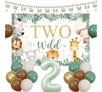 Sursurprise Safari 2st Birthday Decorations for Boy Girl, Sage Green Brown Two Wild Backdrop Triangle Flags Banner, Jungle Number 2 Balloon, Two Year Old Animal Birthday Party Supplies