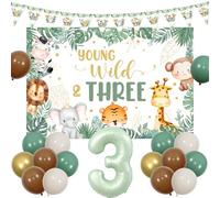 Sursurprise Safari 3rd Birthday Decorations for Boy Girl, Sage Green Brown Young Wild and Three Backdrop Triangle Flags Banner, Jungle Balloons, 3 Year Old Animal Birthday Party Supplies