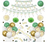 Sursurprise Sage Green Baby Shower Decorations for Boy Girls - Gender Neutral Baby Shower Triangle Flags Banner, Mummy to be Sash, Table Confetti, Paper Pom Poms, Safari Jungle Baby Shower Party