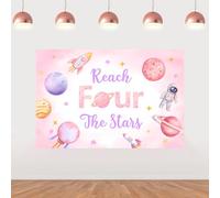 Sursurprise Space Theme 4th Birthday Decorations for Girl, 5X3ft Reach Four the Stars Backdrop Photo Props, Solar System 4 Years Old Birthday Party Supplies