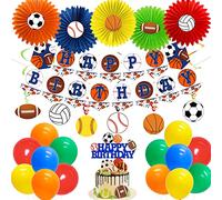 Sursurprise Sports Themed Birthday Party Decorations for Boys, Sports Baseball Football Soccer Basketball Happy Birthday Banner Cake Topper Paper Fans Balloons, All Star Party Supplies