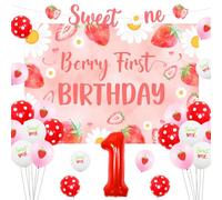 Sursurprise Strawberry 1st Birthday Decorations for Girls, Berry First Birthday Backdrop, Sweet One Banner, Number 1 Balloon, Strawberry First Birthday Party Supplies