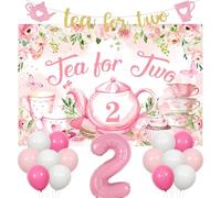 Sursurprise Tea Party Decorations for Girls, Tea for Two Backdrop, Teapot Teacup Banner, Number 2, Floral Butterfly Afternoon Tea 2nd Birthday Party Supplies