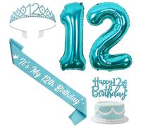 Sursurprise Teal 12th Birthday Decorations with Sash and Tiara, Happy 12th Birthday Cake Topper, Number 12 Balloons, 12 Year Old Bday Party Supplies for Girls