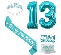 Sursurprise Teal 13th Birthday Decorations with Sash and Tiara, Happy 13th Birthday Cake Topper, Number 13 Balloons, 13 Year Old Bday Party Supplies for Girls