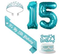 Sursurprise Teal 15th Birthday Decorations with Sash and Tiara, Happy 15th Birthday Cake Topper, Number 15 Balloons, 15 year Old Bday Party Supplies for Girls