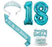 Sursurprise Teal 18th Birthday Decorations with Sash and Tiara, Happy 18th Birthday Cake Topper, Number 18 Balloons, 18 Year Old Bday Party Supplies for Girls
