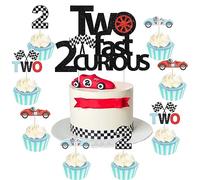 Sursurprise Two Fast Two Curious Birthday Decorations, 25Pcs Two Fast 2 Curious Cake Topper, Race Car Cupcake Topper, 2 Year Old Party Supplies for Boy