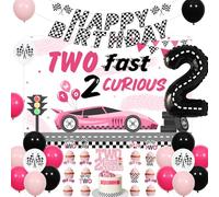 Sursurprise Two Fast Two Curious Birthday Decorations for Girl, Two Fast 2 Curious Banner Backdrop, Cake Topper, Racing Car Checkered Wheel Balloons, Race Car 2nd Birthday Party Supplies