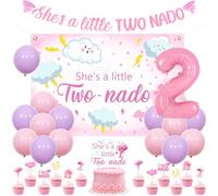 Sursurprise Two Nado Birthday Party Decorations for Girls, She’s A Little Two Nado Backdrop, Banner, Cake Toppers, Number 2 Balloon for Tornado 2 Year Old Bday Party Supplies
