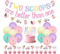 Sursurprise Two Scoops Are Better Than One Banner Cake Topper Cupcake Toppers Balloon Kit for Twins Ice Cream Baby Shower 1st 2nd Birthday Decorations Summer Party Supplies