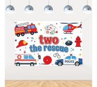 Sursurprise Two the Rescue Backdrop 5x3ft, Emergency Vehicle 2nd Birthday Decorations, Fire Truck, Ambulance, Police Car Theme 2nd Birthday Photo Background for Boys Party Photo Booth Wall Decor