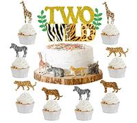Sursurprise Two Wild Cake Topper Jungle Animals Cupcake Toppers, Safari Animal Second Birthday Decorations Zoo Themed 2nd Birthday Party Cake Supplies