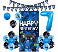 Sursurprise Video Game 7th Birthday Decorations for Boys, Blue Gaming Happy Birthday Door Banner Triangle Flag Garland, Balloons, Gaming 7 Year Old Birthday Party Supplies