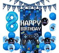 Sursurprise Video Game 8th Birthday Decorations for Boys, Blue Gaming Happy Birthday Door Banner Triangle Flag Garland, Balloons, Gaming 8 Year Old Birthday Party Supplies