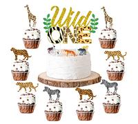 Sursurprise Wild One Cake Topper Jungle Animals 24 Pack Cupcake Toppers, Leopard Cheetah First Birthday Decorations Jungle Safari Zoo Theme Party Cake Supplies