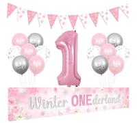 Sursurprise Winter Onederland 1st Birthday Decoraitons for Girl Pink, Winter Onederland Yard Banner Garland, Snowflake Number 1 Balloon, Winter Wonderland First Birthday Party Supplies