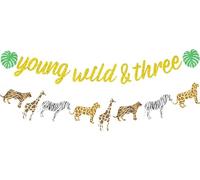 Sursurprise Young Wild and Three Banner Gold Glitter Animal Print Cheetah Garland, Jungle Safari Theme Wild Three Third Birthday Party Decoration Supplies for Kids