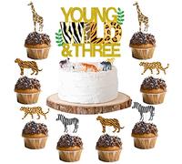 Sursurprise Young Wild & Three Cake Topper Jungle Animals Cupcake Toppers, Safari Jungle Animal Print Happy 3rd Birthday Cake Decor, Third Birthday Party Decorations 25 Pack