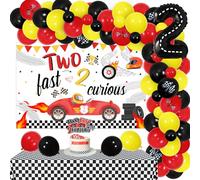 SursurpriseTwo Fast Birthday Decorations for Boy, Two Fast Two Curious Backdrop Balloon Garland Arch Kit Racing Car Cake Topper Checkered Tablecloth, Race Car 2nd Birthday Party Supplies