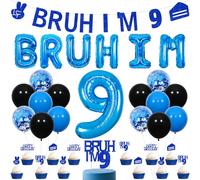 Sursurprsie BRUH It’s My 9th Birthday Decorations, Blue Bruh I’m 9 Banner Balloon Cake Topper Cupcake Toppers, Bro I’m 9 Decor, Funny 9 Years Old Birthday Party Supplies