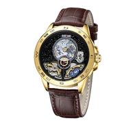 SURVAN WatchDesigner Automatic Mechanical Watches for Men Leather Strap Skeleton Starry Sky Dial Watch Self Winding Business Men's Dress Wrist Watch Water Resistant, No Battery Needed(Gold)