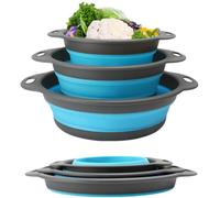 Surwin 3 Pcs Collapsible Colanders, Big Small Combination Silicone Colander, Foldable Filter Drain Baskets, Kitchen Strainer for Draining Pasta Fruits Vegetable Colanders (Blue)