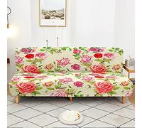 Surwin Armless Sofa Bed Cover 3D Rose Flower Printed, Non Slip Washable Stretch Futon Slipcover Protector for 2 Seater/3 Seater Folding Sofa Bed without Armrests (Green Garden,190-230cm)