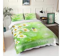 Surwin Bedding Set Microfiber 3pcs for Double Single Size, 3D Daisy Duvet Cover Set with Spring Printing Quilt Cover & 2 Pillowcases for King Super King Adult Kids (Flower,Single 135x200cm)